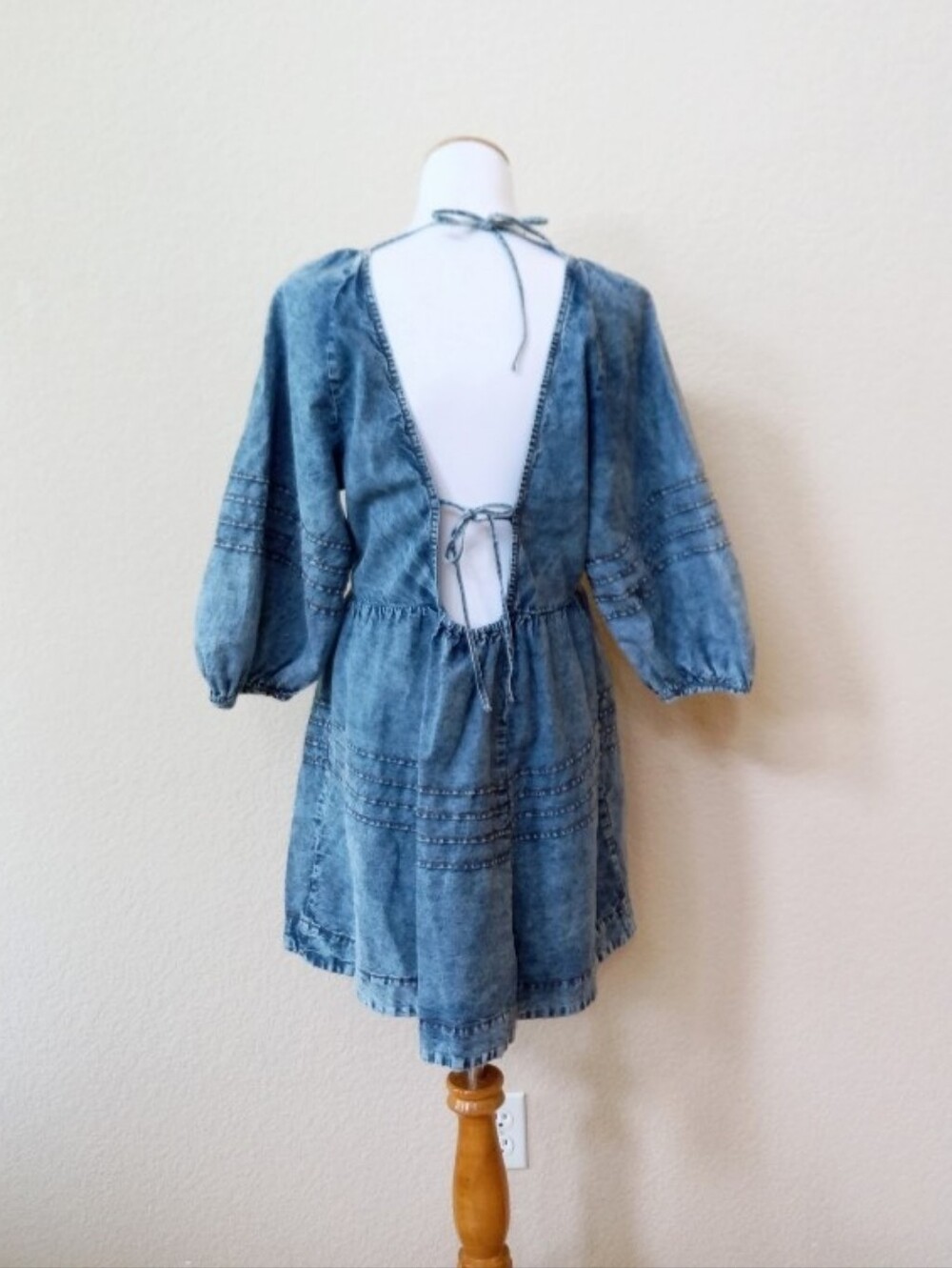Free People washeddenim puff sleeve open, tie-back mini dress - Picture 12 of 14